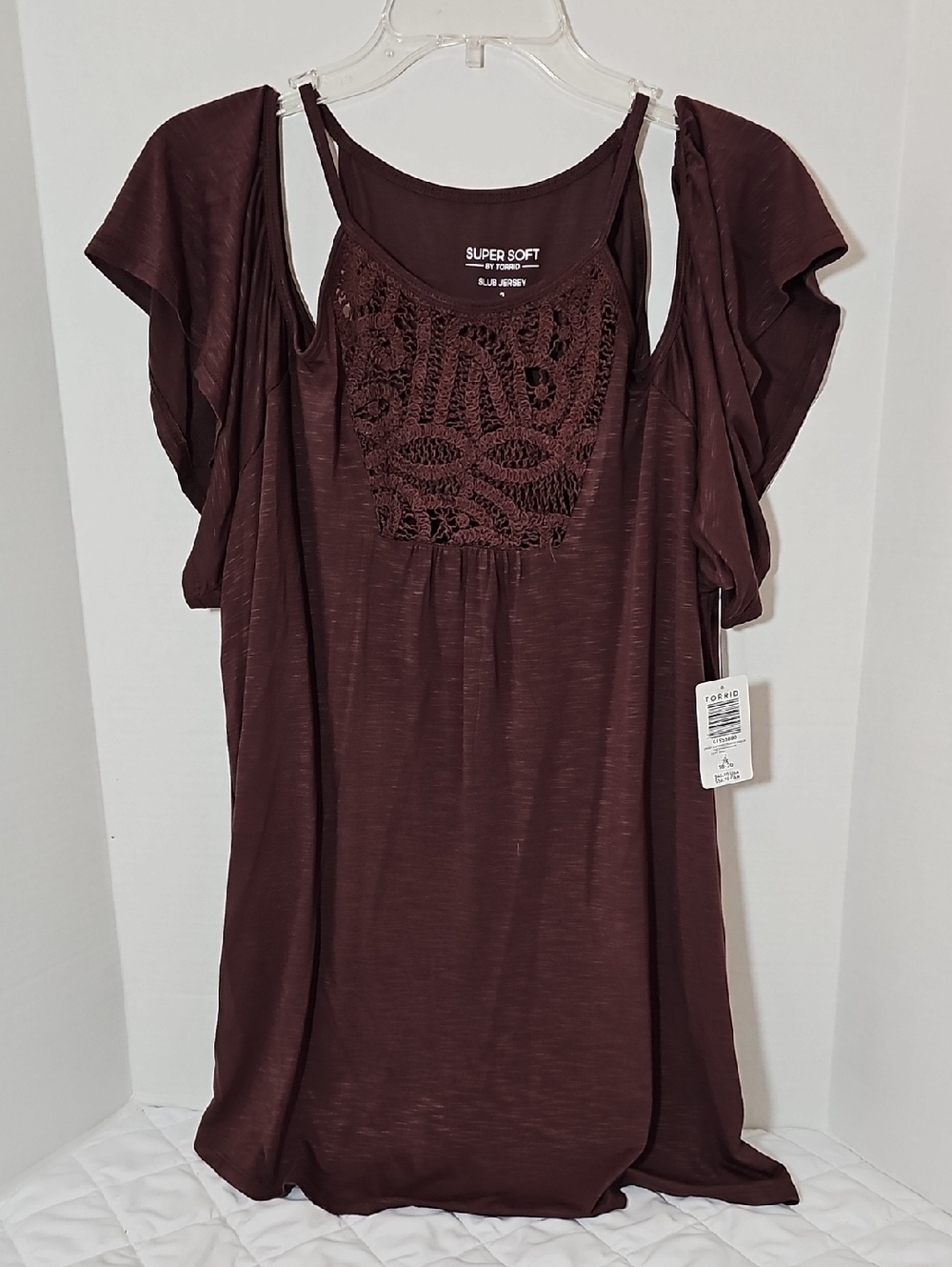 Torrid Deep Mahogany Cold-Shoulder Tunic with Crochet Yoke